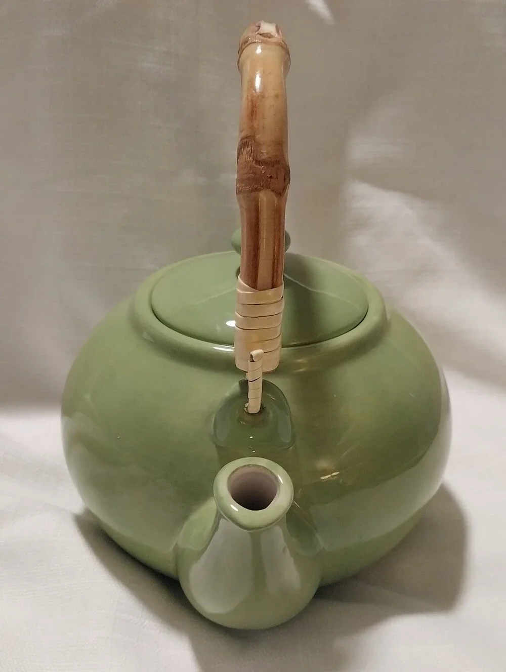 Pottery Barn Sausalito Green Bamboo Handle Teapot